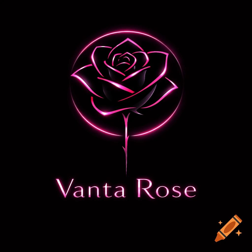 A stylized black rose with a bright pink neon outline, encased within a glowing pink neon circle, set against a black background. Below the rose, the words "Vanta Rose" are written in elegant pink neon text.
