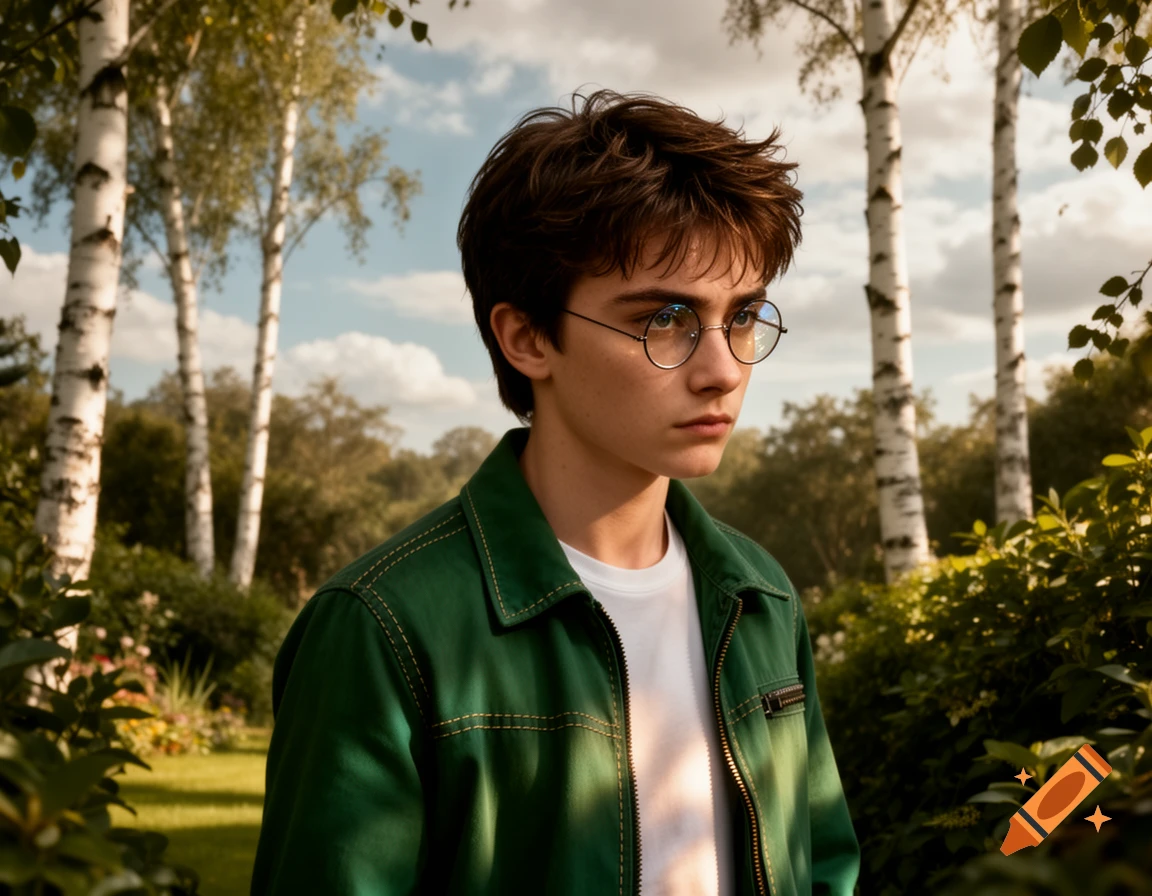 A young man resembling Harry Potter, wearing a green jacket and round glasses, stands outdoors among birch trees.
