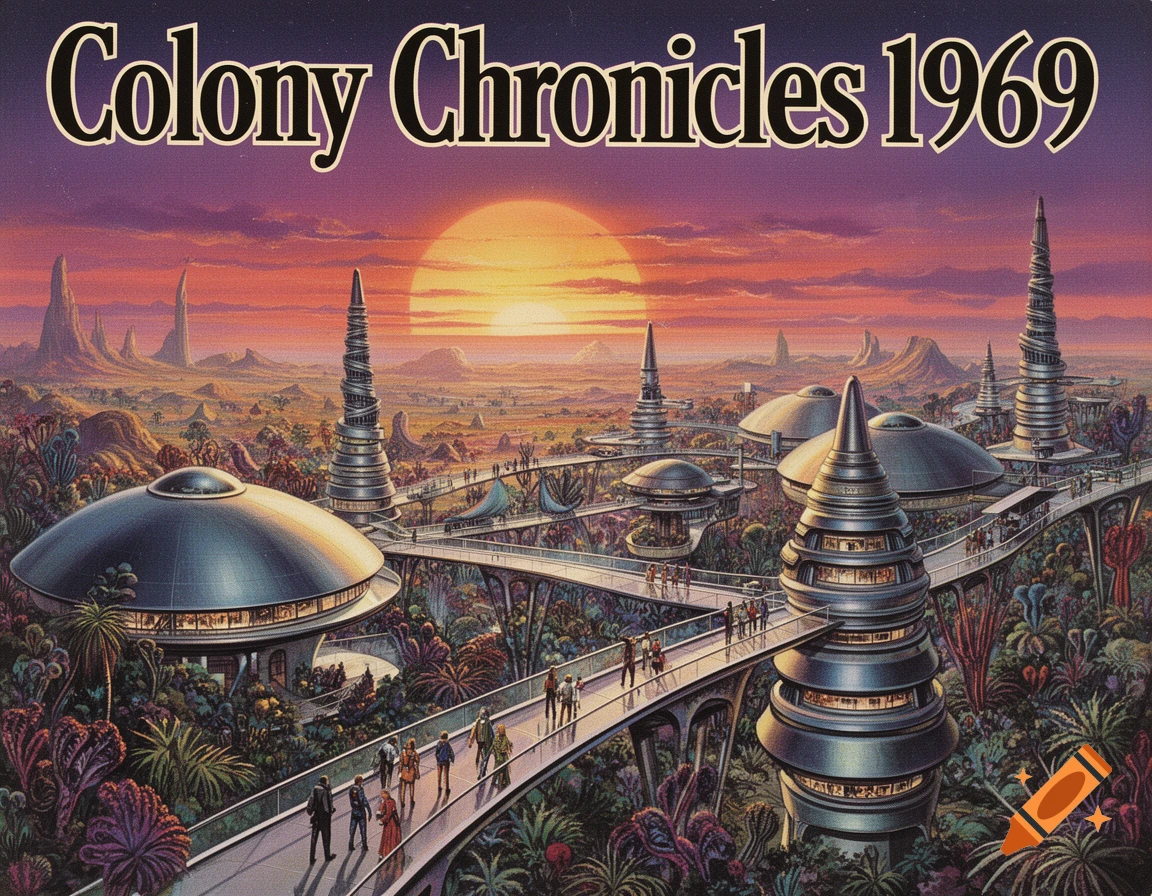 Retro-futuristic painting of a colony city on an alien planet at sunset, titled 'Colony Chronicles 1969'.