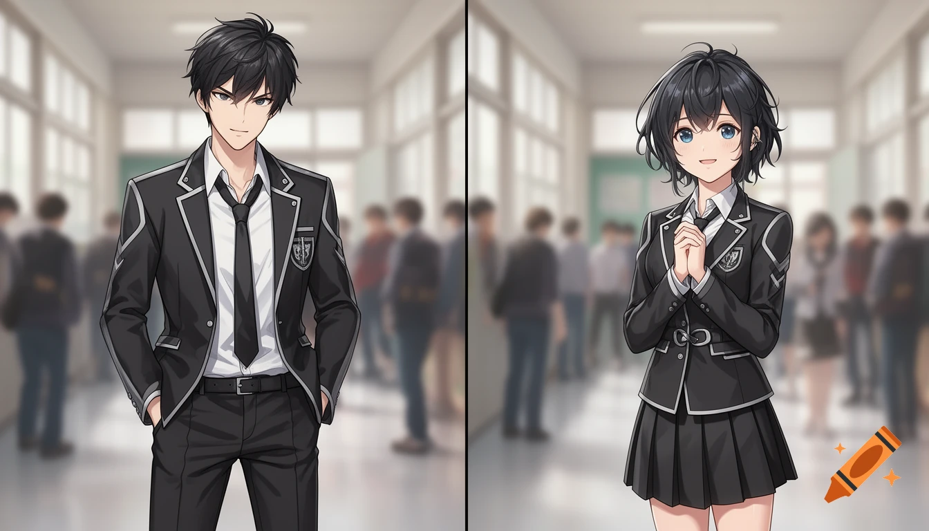 Anime-style split image showing a dark-haired male student with a rebellious uniform and a short female student in a matching uniform, smiling nervously in a blurred school hallway.