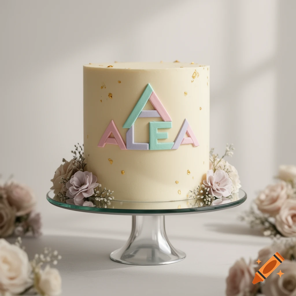 A round off-white cake with gold flakes, pastel ALEA letters forming a logo, and purple and pink flowers on a glass stand.