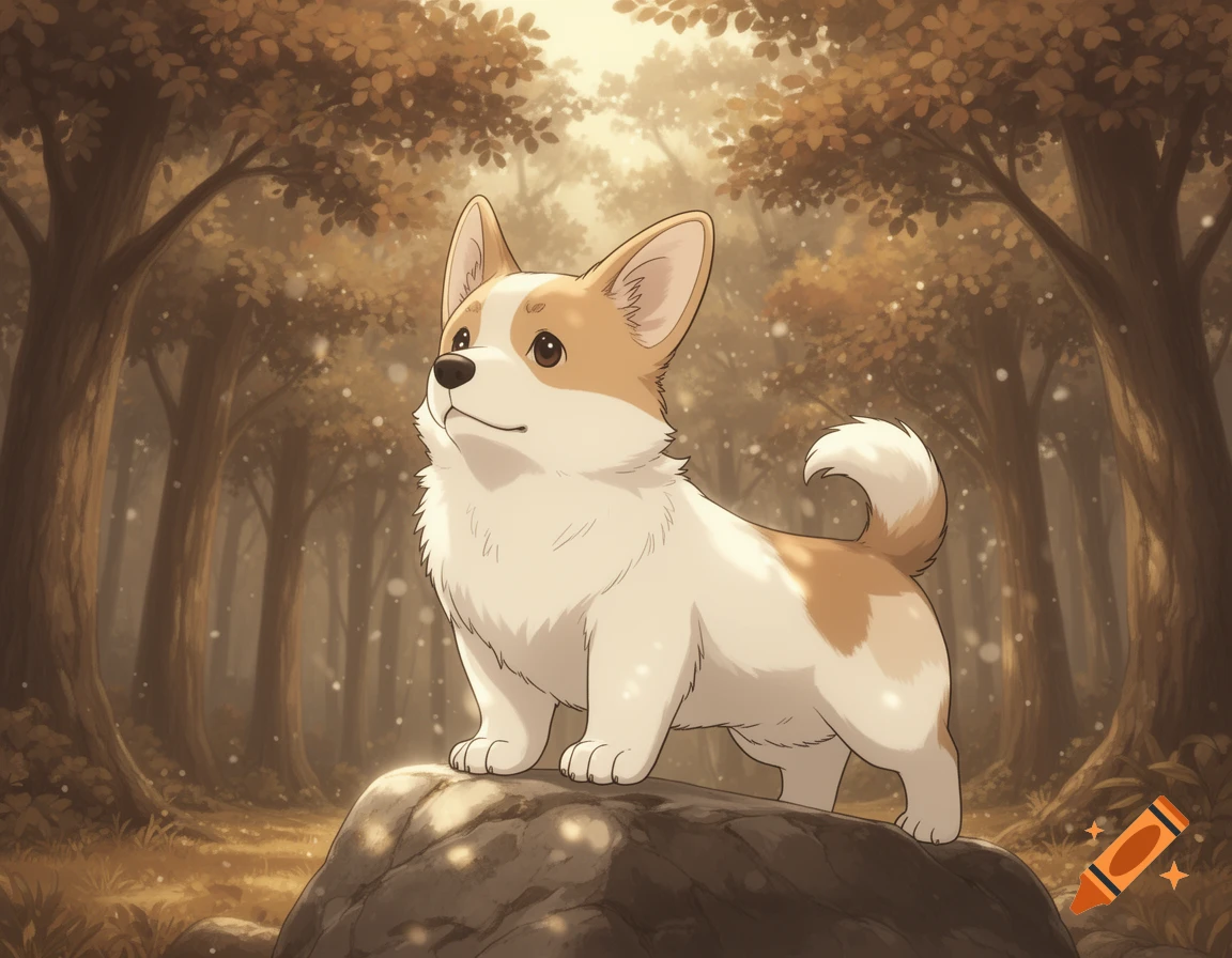 A cute anime-style corgi with white and brown fur stands on a rock in a sunlit forest.
