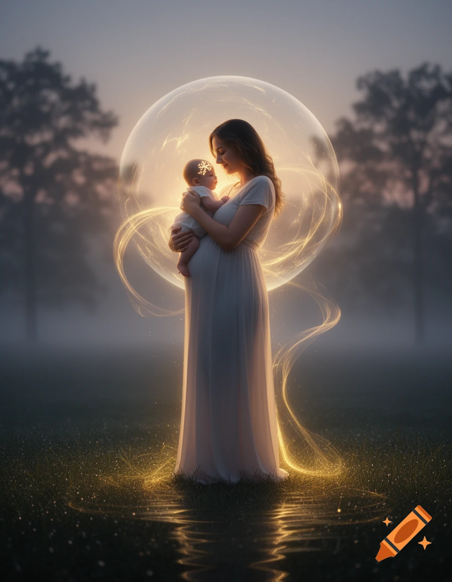 A glowing pregnant woman holding a baby with a star symbol on its forehead, encased in a shimmering bubble, standing in a mystical, foggy landscape.