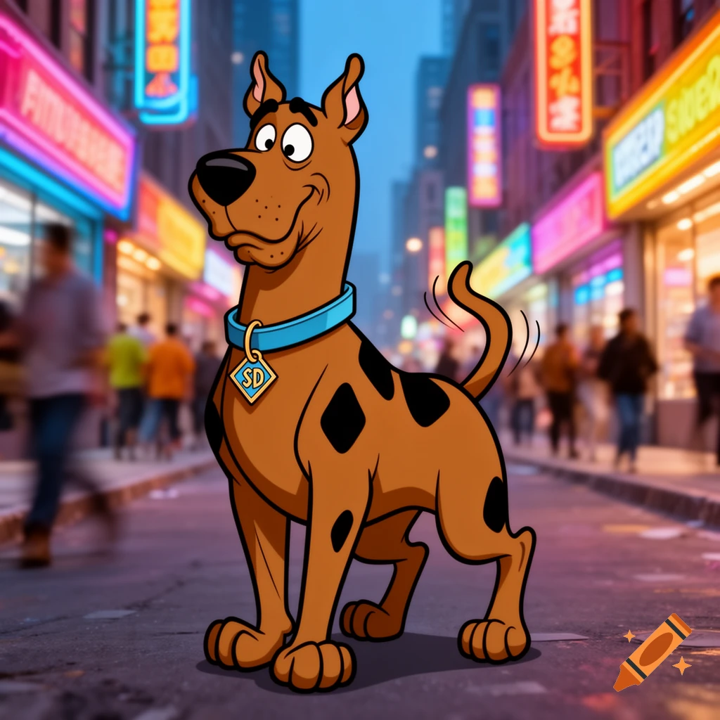 Cartoon dog Scooby Doo stands on a city street at night, illuminated by colorful neon signs.