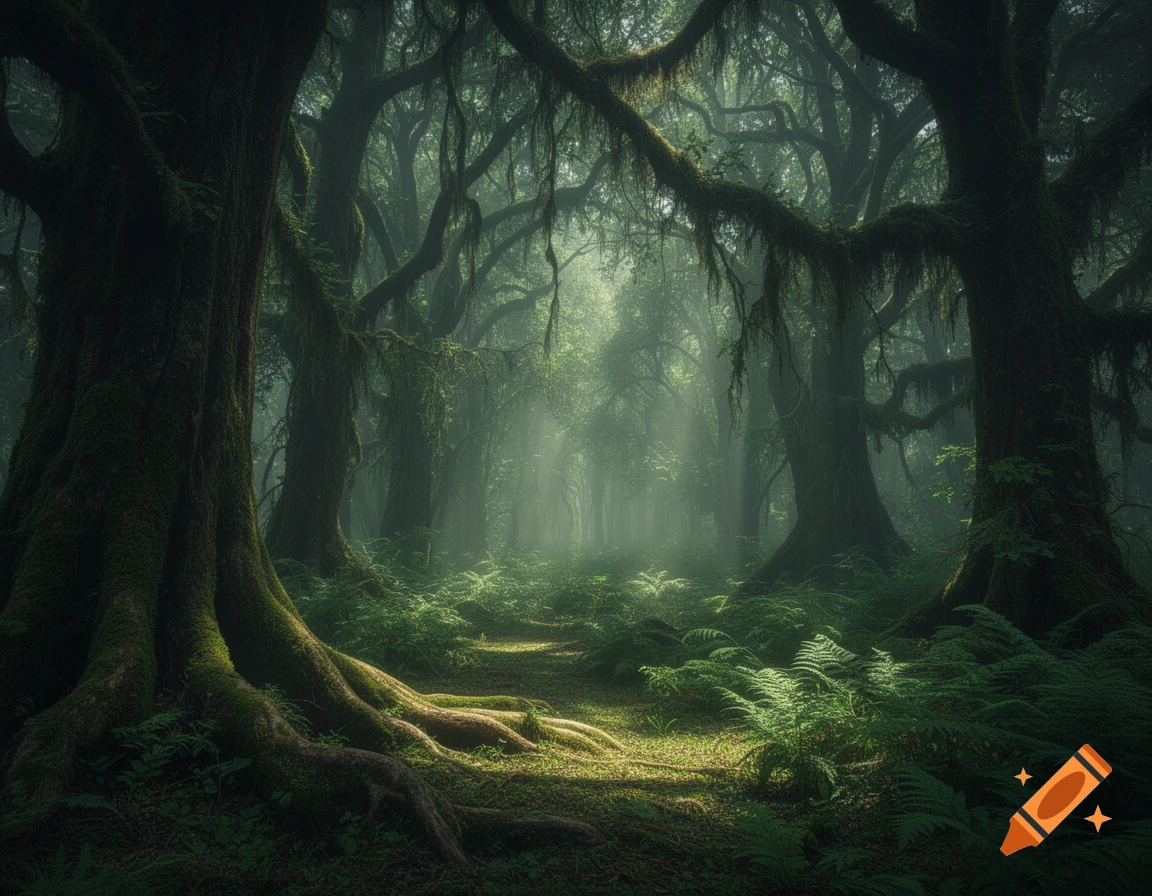 Misty forest path through ancient, moss-covered trees and ferns, with ...