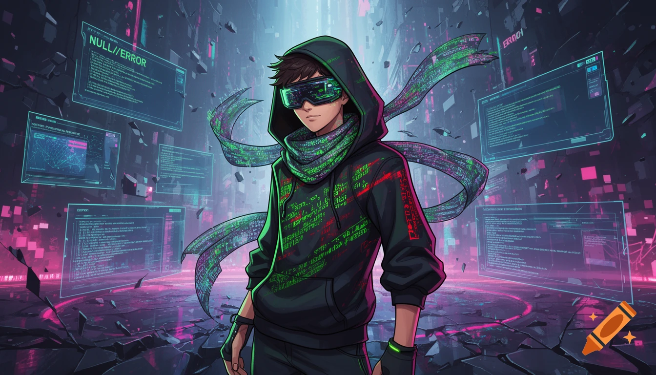 A stylized anime-style character, "NULL//ERROR," a cyber hacker in a dark hoodie with green code, tech visor, and a floating data stream scarf, stands in a glitching virtual arena with UI windows and error messages.