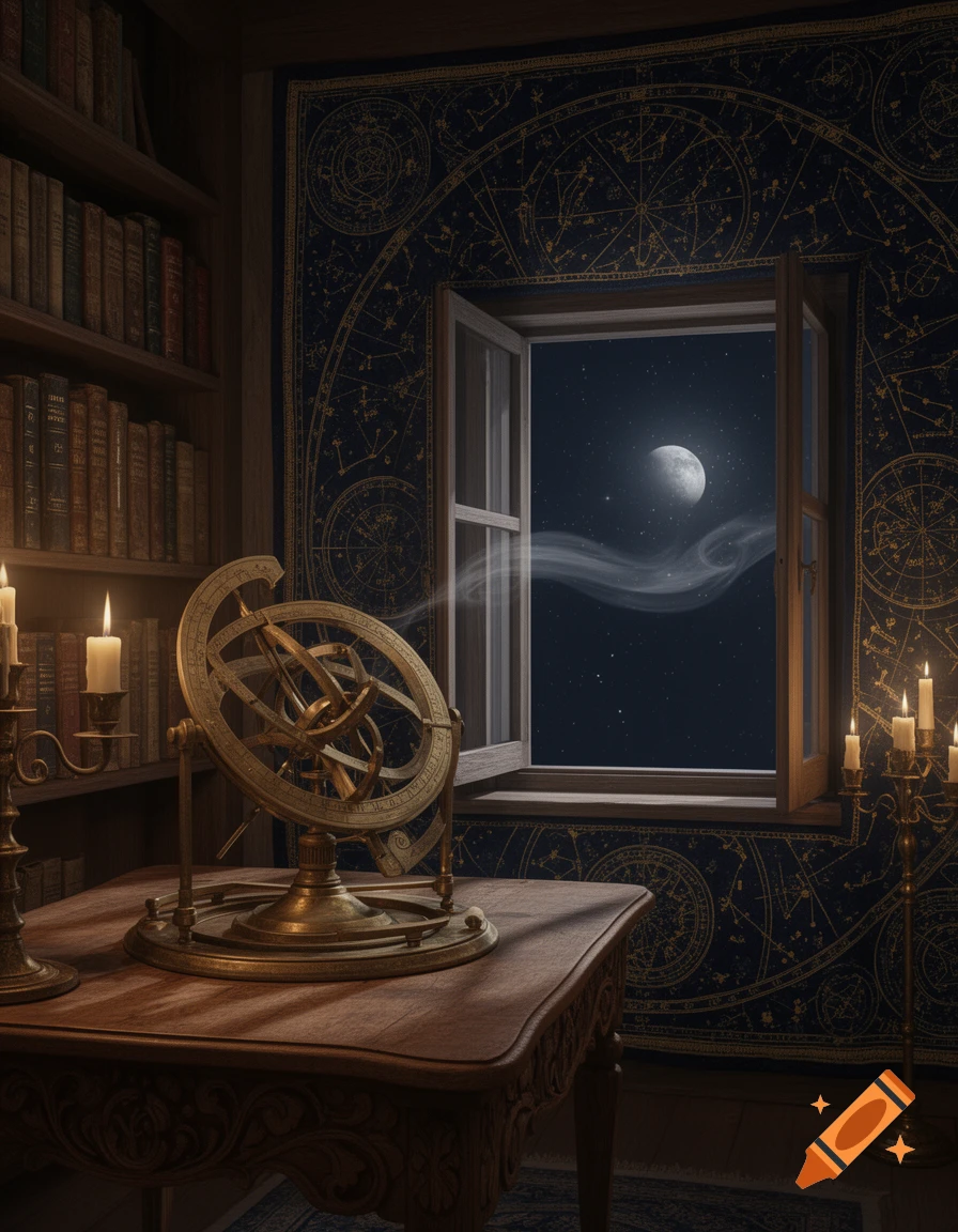 A mystical study with an armillary sphere, books, and candles, looking out an open window to a moonlit starry night.