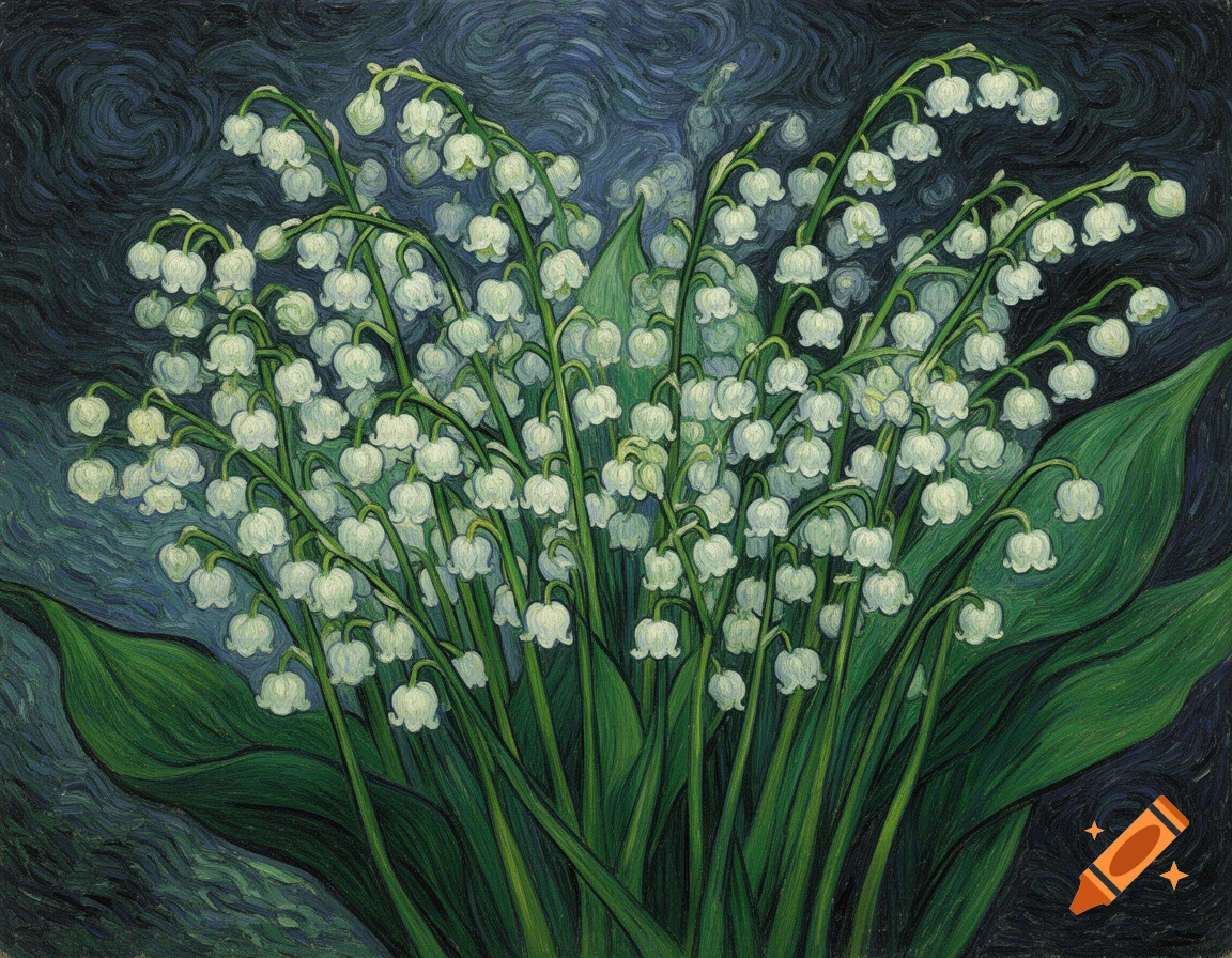 A Van Gogh style painting of white lily of the valley flowers against a dark, swirling background.