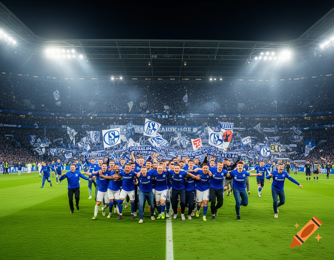Football players in blue jerseys celebrate on a green stadium field, embracing each other with jubilant fans holding flags in the stands under bright stadium lights at night.