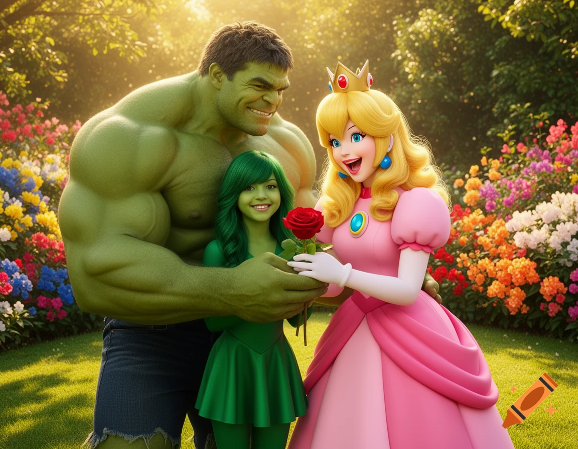 Hulk, a green girl, and Princess Peach smile in a sunny flower garden, holding a red rose, digital illustration.