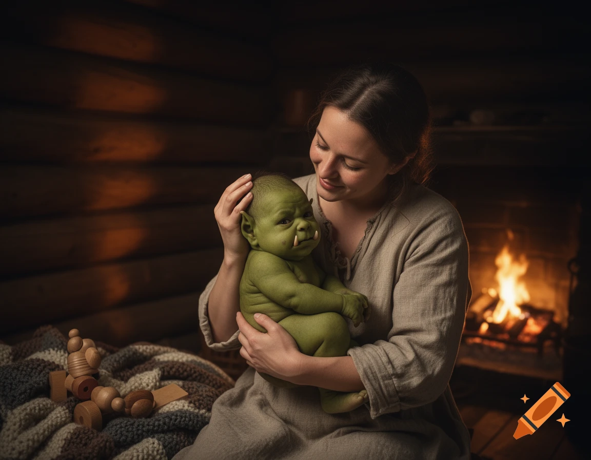 A human mother gently cradles a green baby orc by a warm fireplace in a rustic cabin, photorealistic.