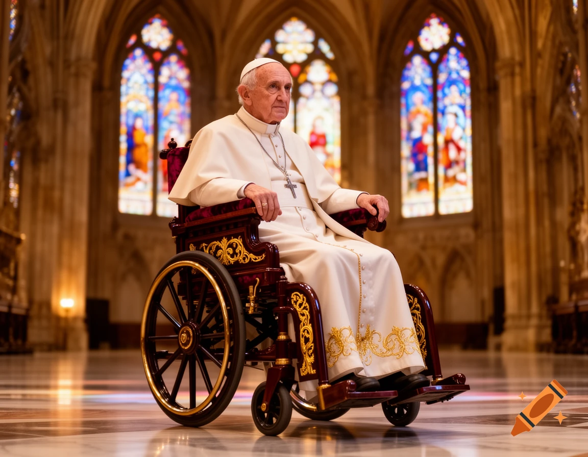 An elderly man in papal vestments sits in an ornate wheelchair inside a grand church with stained glass windows.