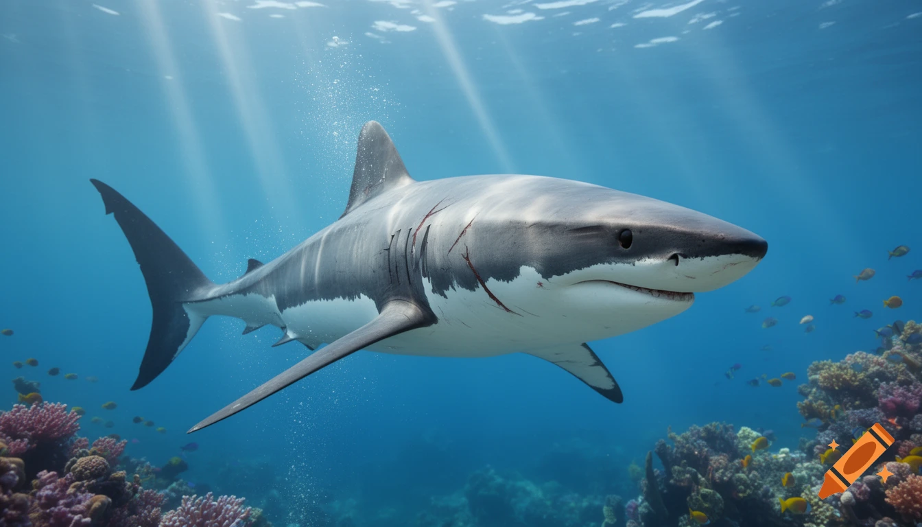 A photorealistic great white shark swims above a vibrant coral reef in clear blue ocean water with sunlight filtering through.