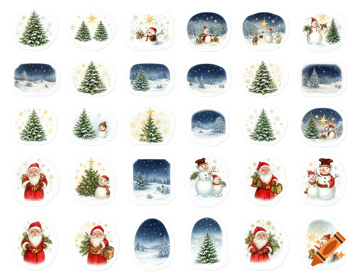A collection of 30 nostalgic Christmas stickers featuring Santa, snowmen, Christmas trees, and snowy winter landscapes.