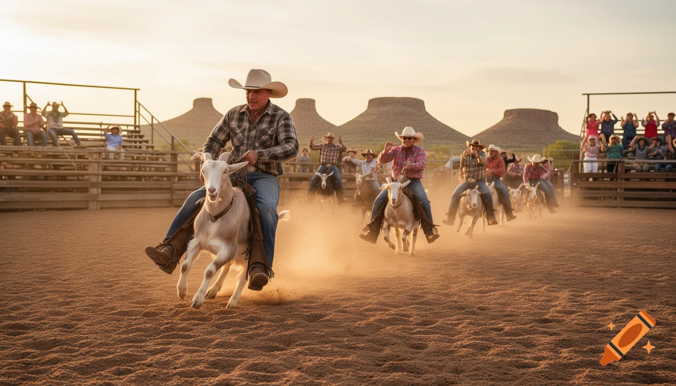 Cowboys riding goats in a dusty Wild West rodeo race with spectators and desert mountains at sunset.