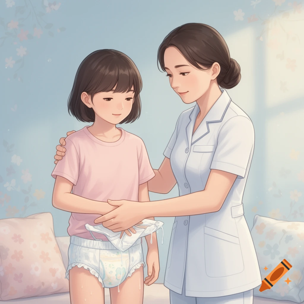An anime-style image of a nurse in a white uniform checking a young girl's wet diaper. The girl wears a pink shirt and looks down shyly.