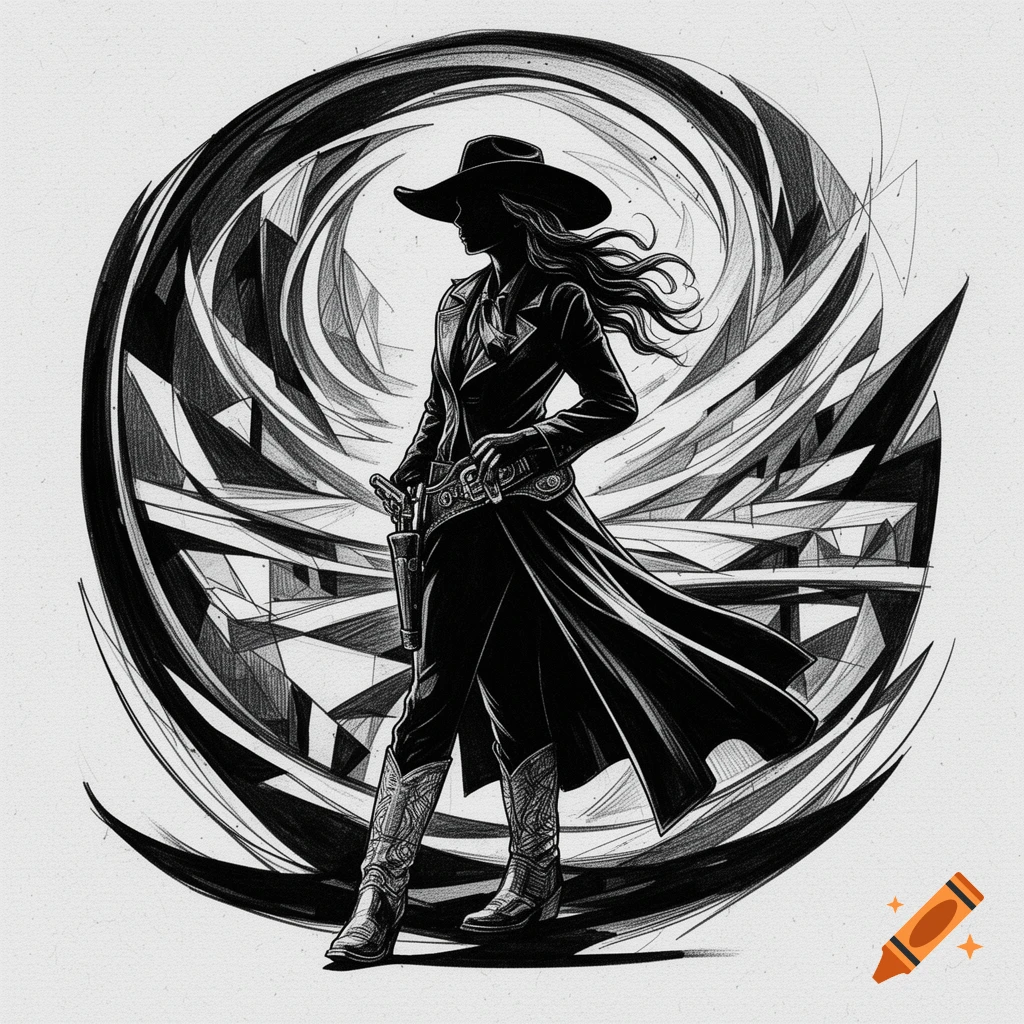 A black and white abstract sketch of a female cowboy with a hat, long coat, and pistol, against a swirling, angular background.