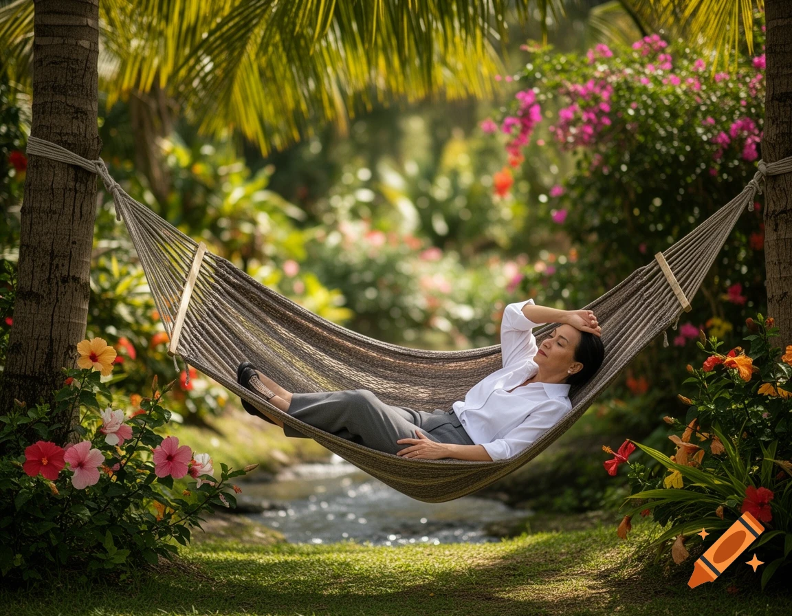A woman in a white shirt and gray pants relaxes in a hammock between two palm trees in a lush tropical garden with colorful flowers.