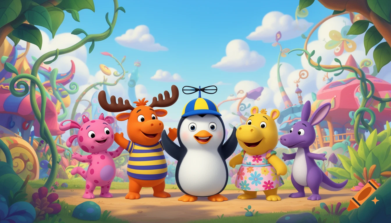 Five colorful cartoon characters standing in a whimsical, fantastical outdoor landscape under a blue sky.