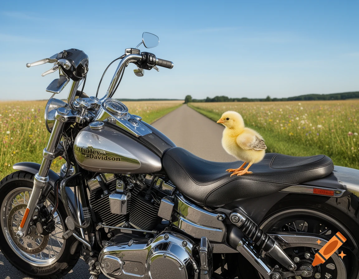 A fluffy yellow chick sits on a black Harley-Davidson motorcycle seat on a country road surrounded by fields.