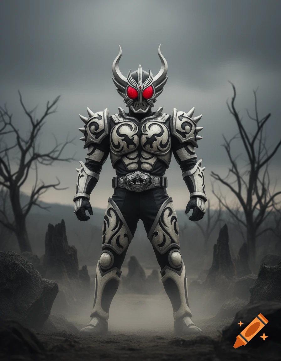 A horned, armored character in intricate white and black armor with red eyes stands in a desolate, foggy landscape with bare trees.