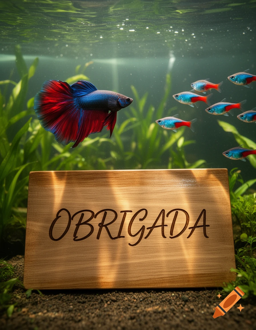 A vibrant red and blue Betta fish swims in an aquarium with Cardinal Tetras and a wooden sign reading 'OBRIGADA' on the gravel.
