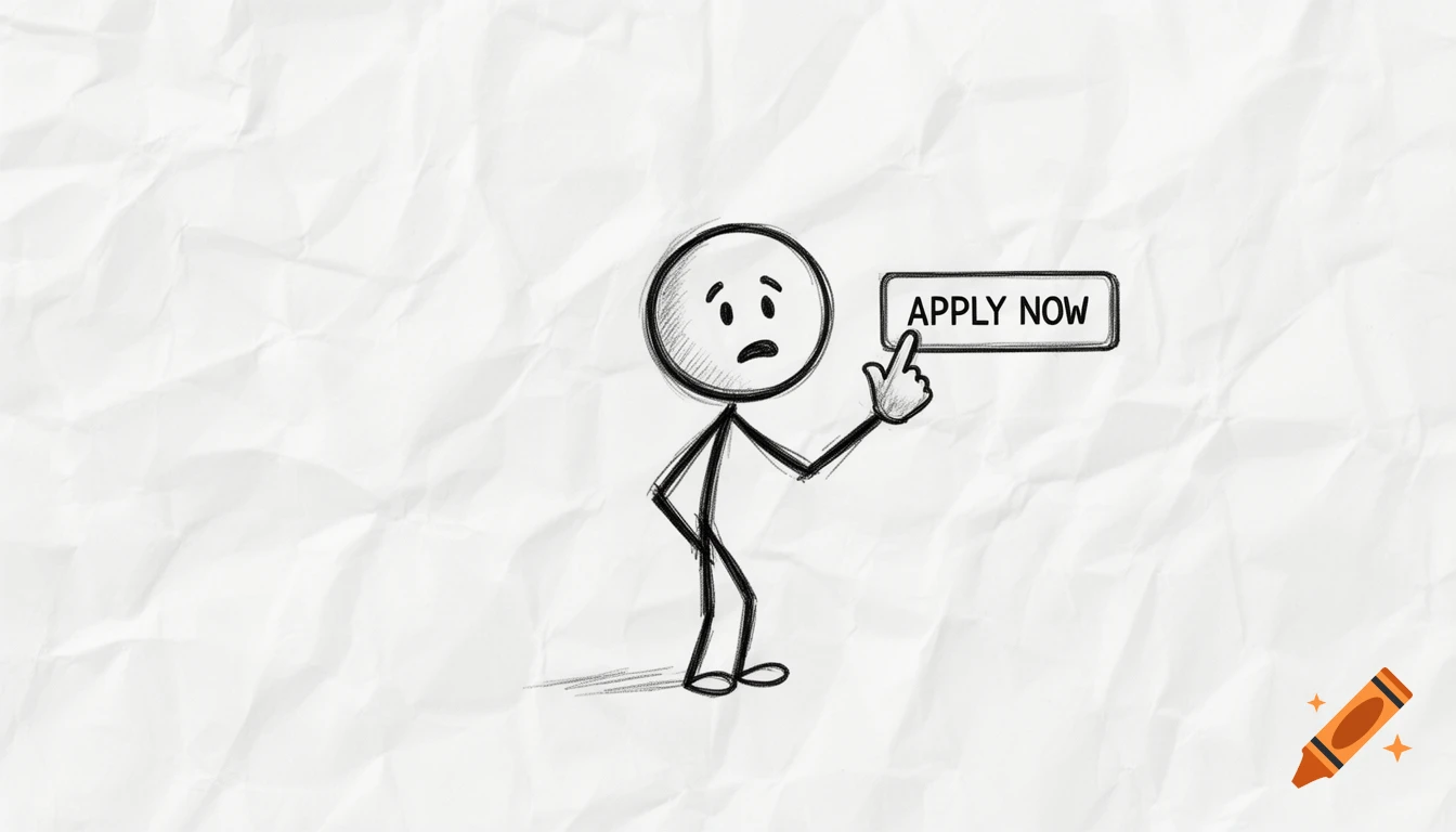 A distressed stickman doodle points at an 'APPLY NOW' button on a crumpled paper background.