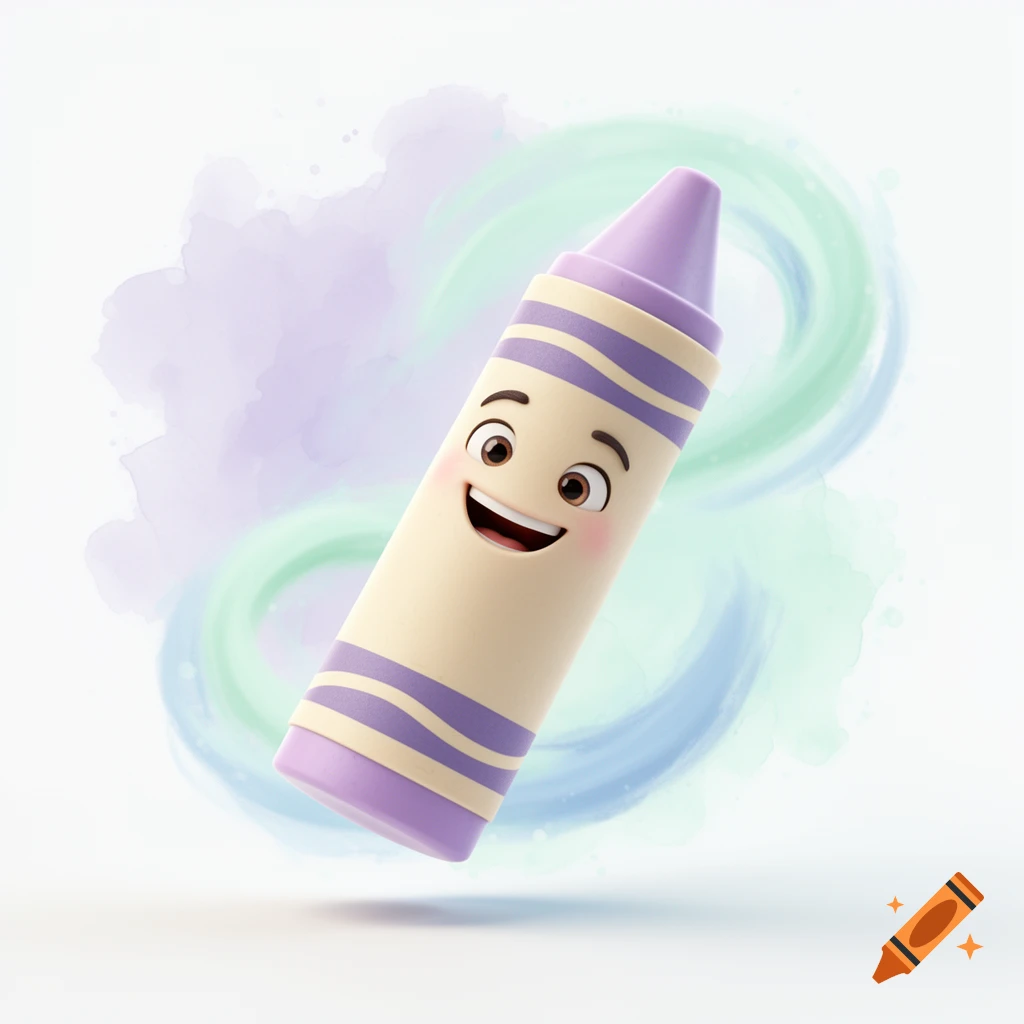 A smiling, happy anthropomorphic purple and cream crayon floats against a background of soft watercolor swirls.