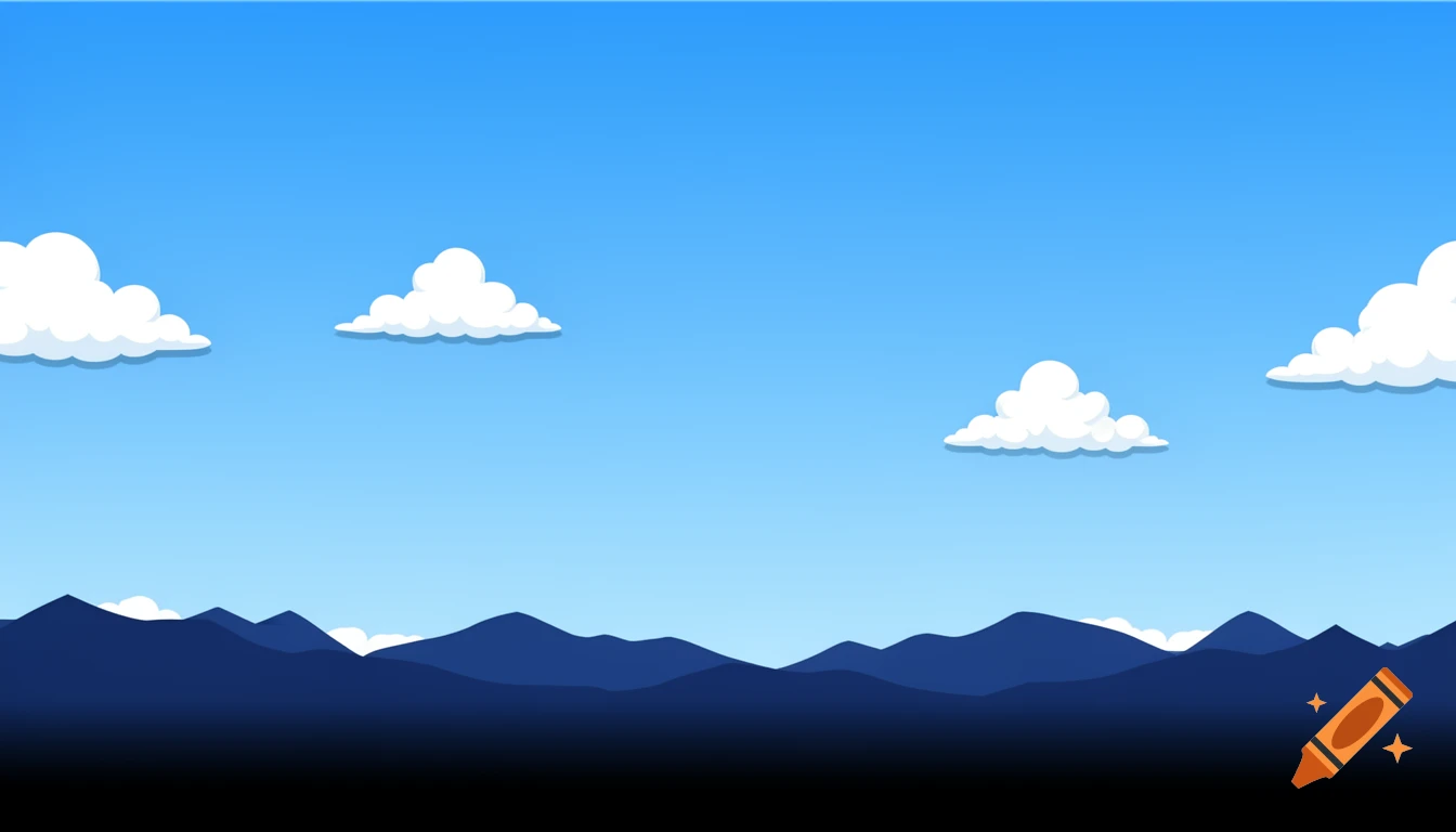 A 2D cartoon game background showing a blue sky with fluffy white clouds over dark blue mountain silhouettes that fade to black.