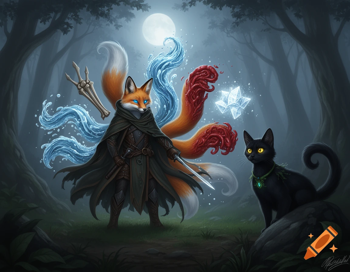 A cloaked fox spirit with glowing blue eyes and elemental tails, including water, bone, and flesh, stands with a dagger in a moonlit forest. A black cat with glowing yellow eyes and a leafy necklace sits beside it.