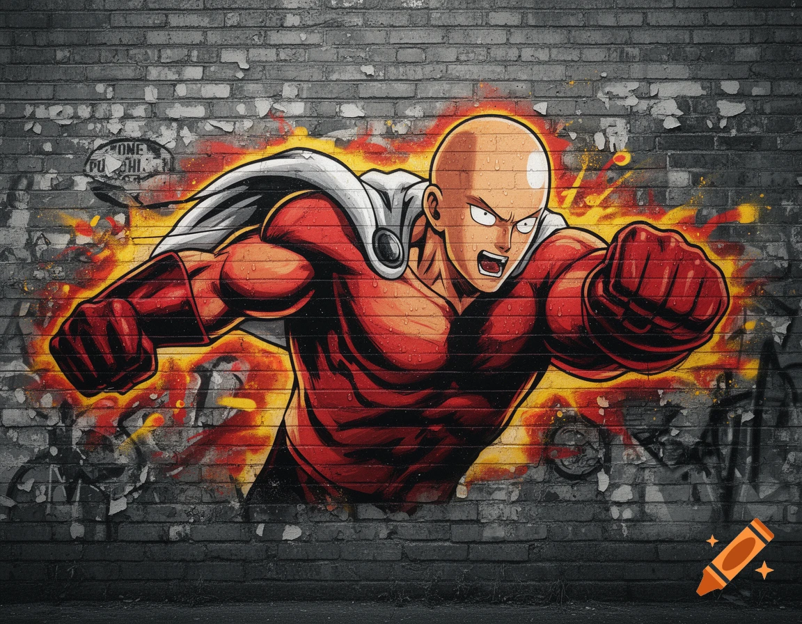 A vibrant graffiti art of One-Punch Man, Saitama, with a determined expression, punching forward, on a weathered brick wall.