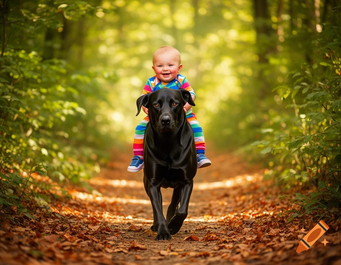 A smiling baby in a colorful outfit rides a black Labrador Retriever on a sunny forest path covered in autumn leaves.