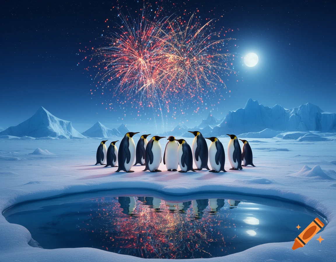 A group of penguins watches colorful fireworks reflected in a pool of water in a snowy arctic landscape under a full moon.
