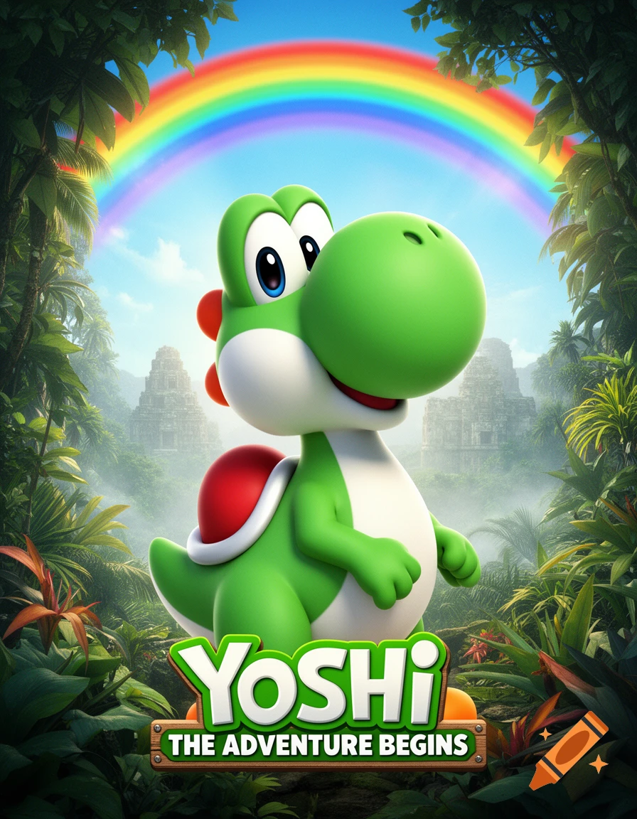 A vibrant movie poster features a happy Yoshi in a lush jungle with ancient temples and a rainbow, text reads "YOSHI THE ADVENTURE BEGINS".
