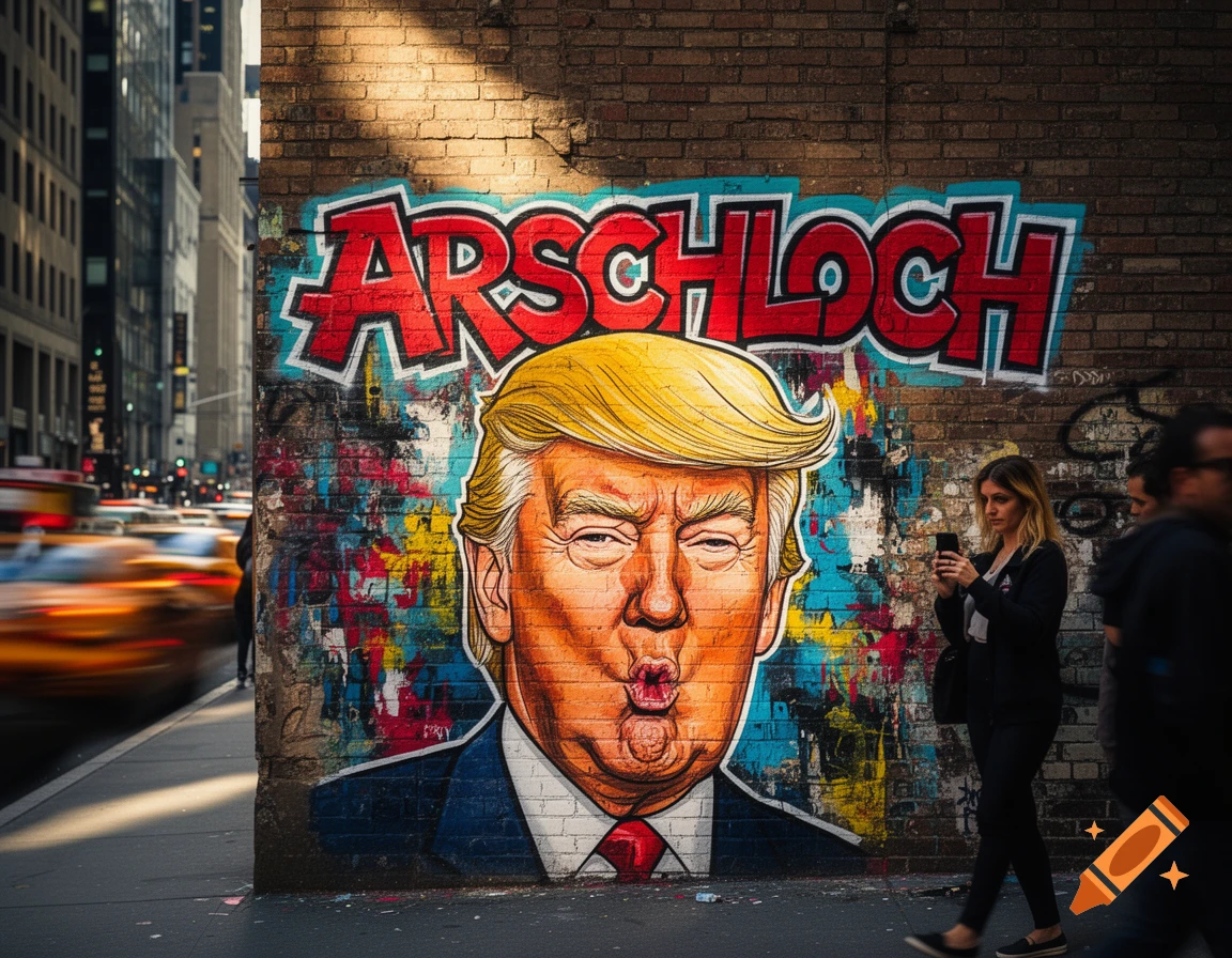 Graffiti of Donald Trump with a puckered face and the word "ARSCHLOCH" above his head on a brick wall in a city, with a woman walking by.