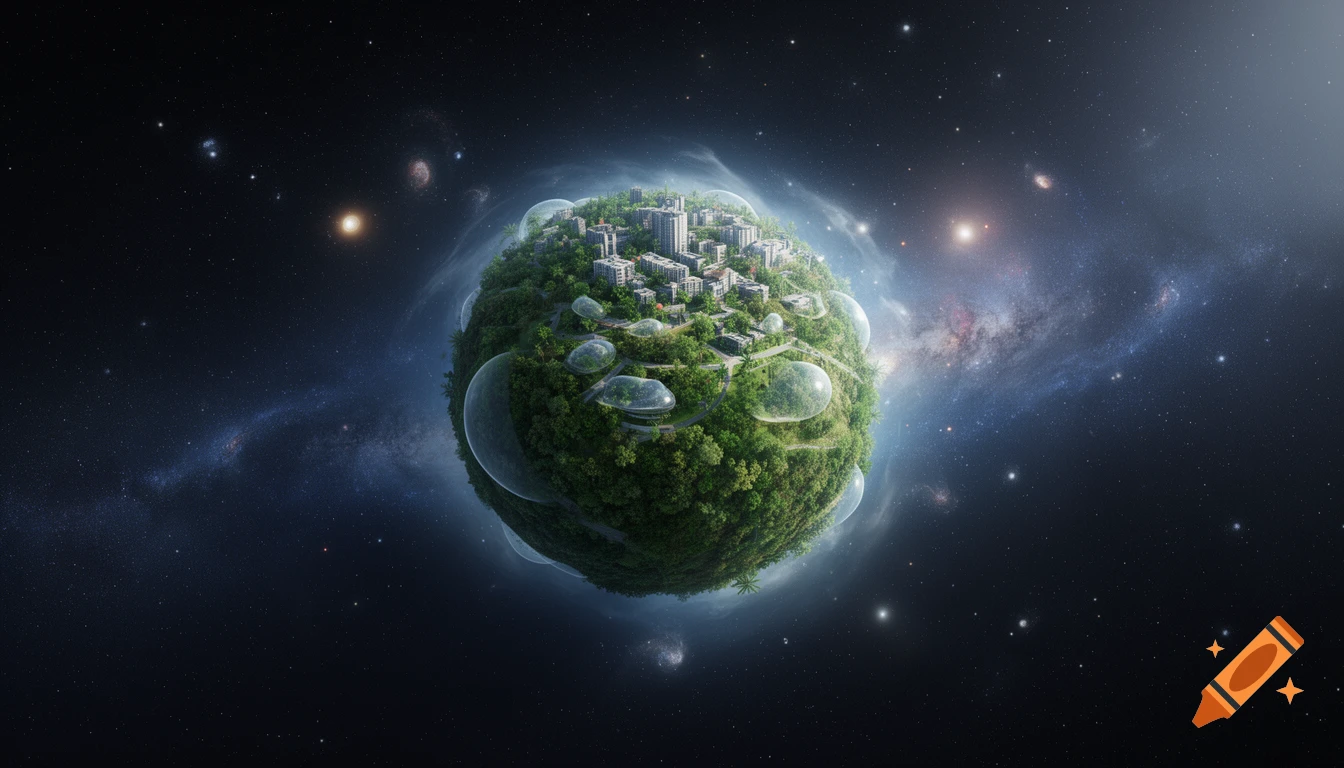A vibrant green planet with a modern city, lush foliage, and transparent domes floats in a star-filled galaxy.