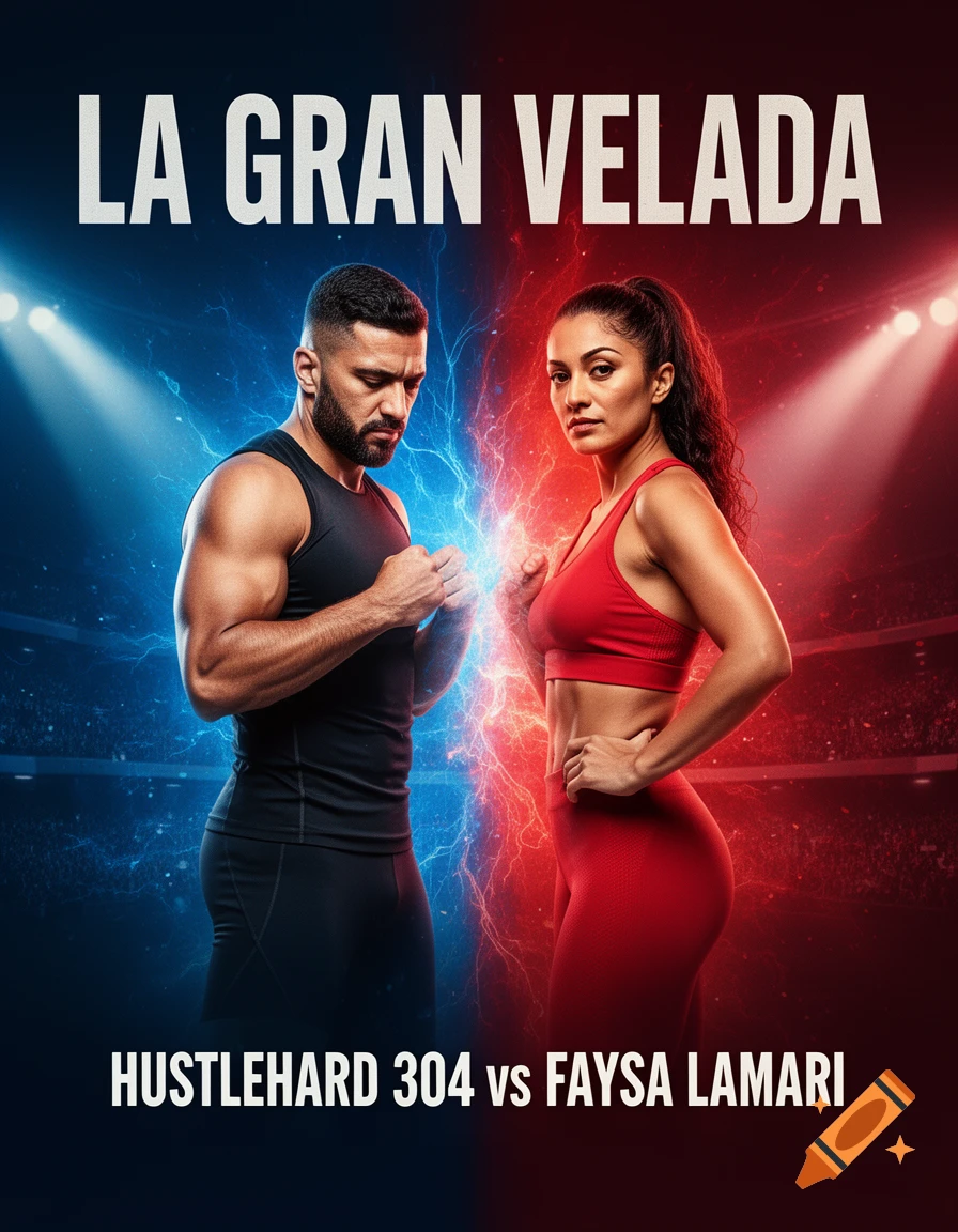 A dramatic combat poster featuring a male and female fighter, separated by blue and red lightning. Text: LA GRAN VELADA, HUSTLEHARD 304 vs FAYSA LAMARI.
