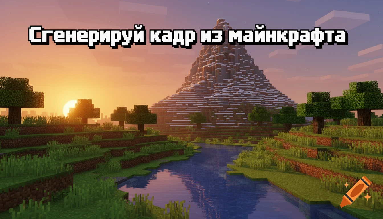 Minecraft landscape with a river, blocky trees, a snow-capped mountain, and a sunset, with Russian text overlay.