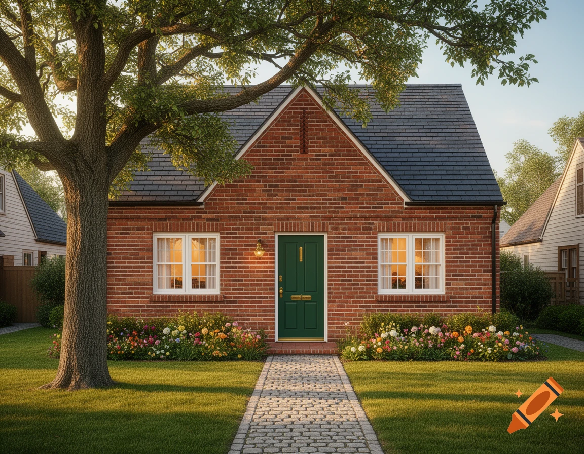 A red brick house with a green door, white windows, and a flower garden, framed by a large tree on a sunny day.