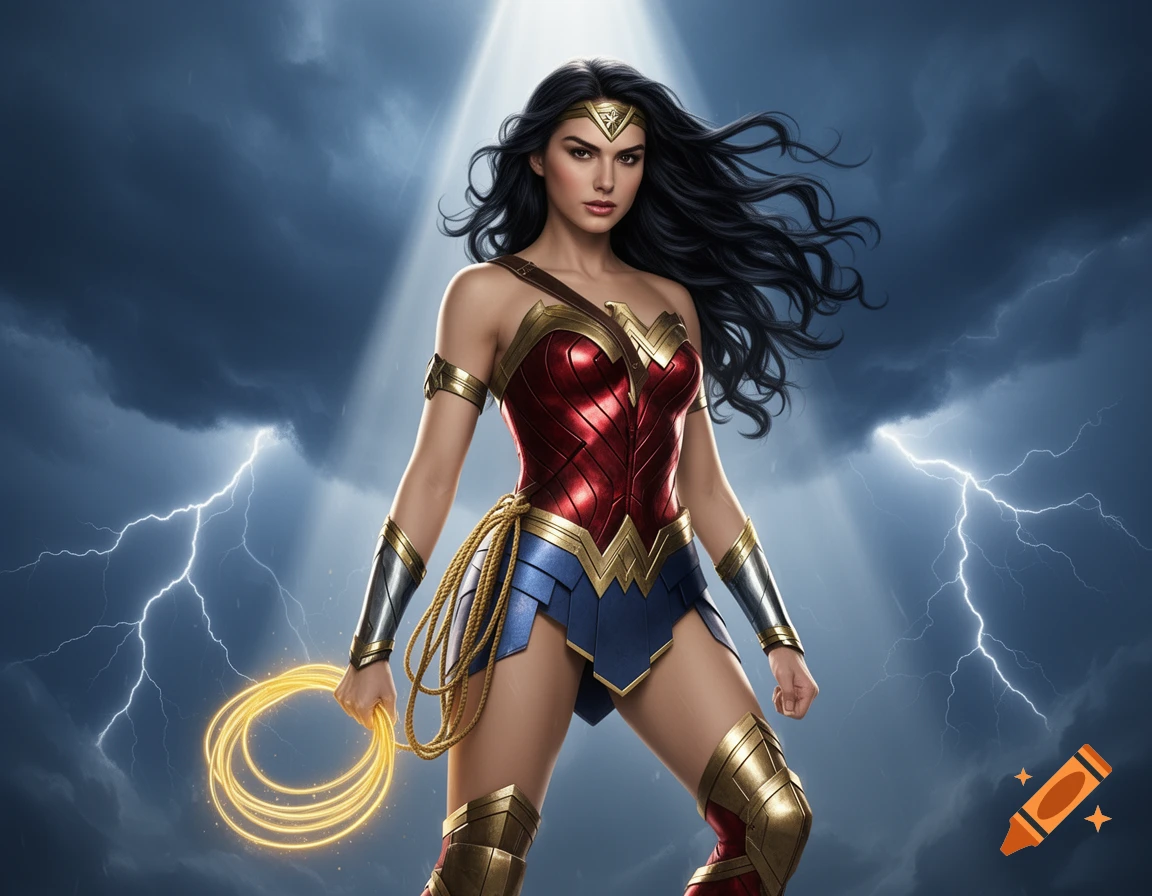 Photorealistic Wonder Woman stands against a stormy sky with lightning, holding her glowing Lasso of Truth.