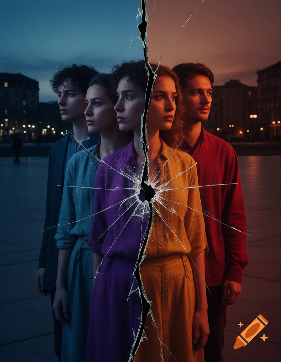 Four young adults, two men and two women, stand in a row, split by a prominent vertical cracked glass effect. Colors shift from cool to warm.