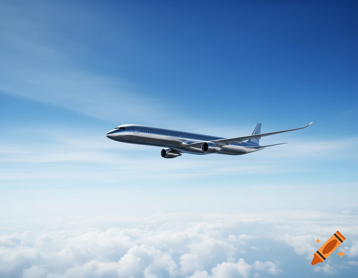 A photorealistic silver airplane flies above white clouds under a clear blue sky.