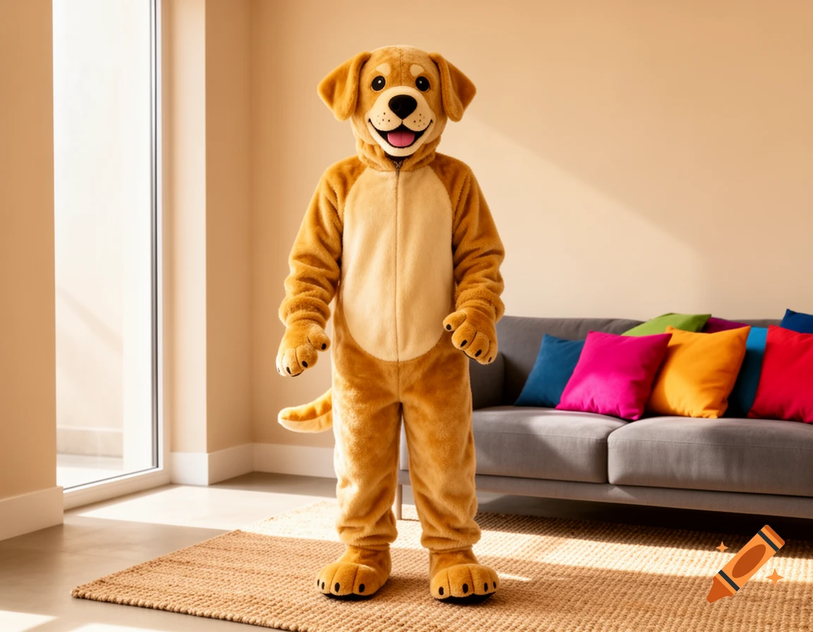 A person in a photorealistic Labrador puppy costume stands in a brightly lit living room with a gray couch and colorful pillows.
