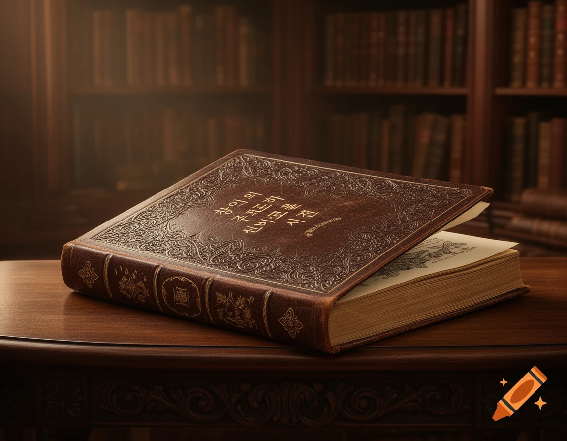 An ornate brown leather-bound book with gold lettering and decorative patterns on its cover and spine lies partially open on a polished wooden table, with blurry bookshelves in the background.
