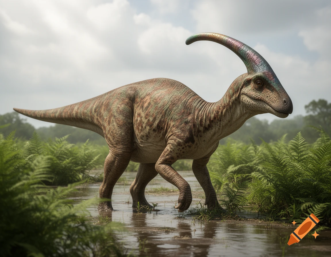 Photorealistic Parasaurolophus dinosaur with a colorful crest walking through a shallow marsh with ferns under a cloudy sky.