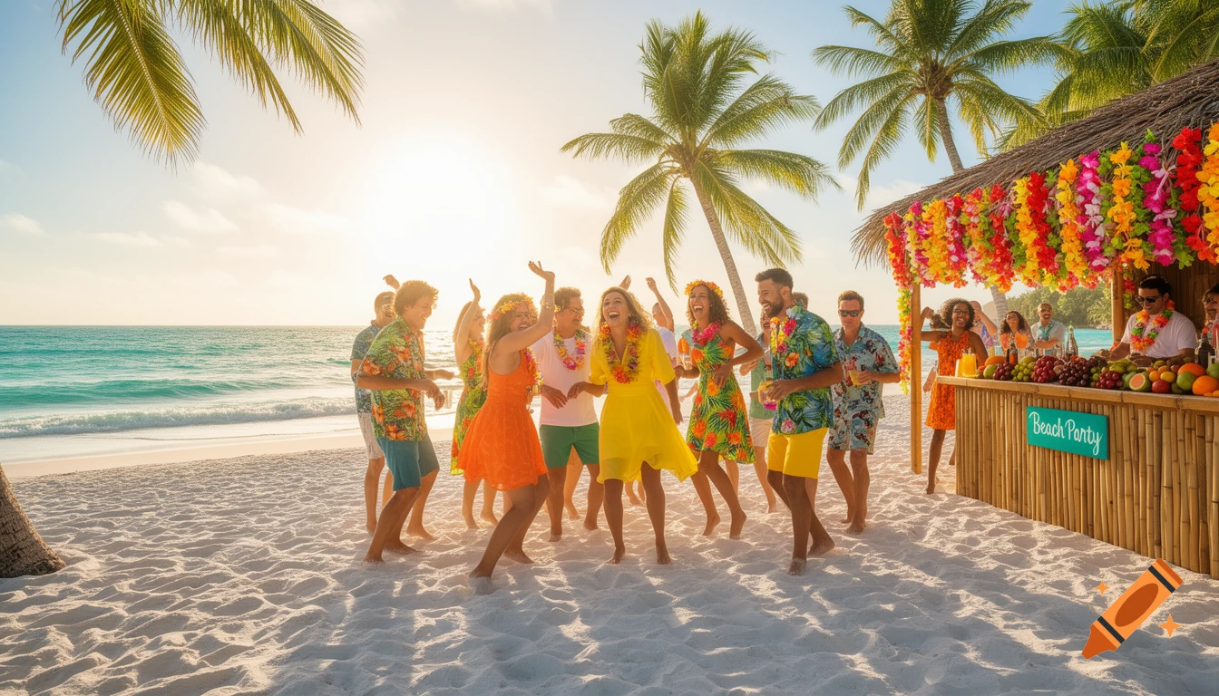 A group of happy people dancing at a lively tropical beach party under a sunny sky, next to a bar decorated with leis.