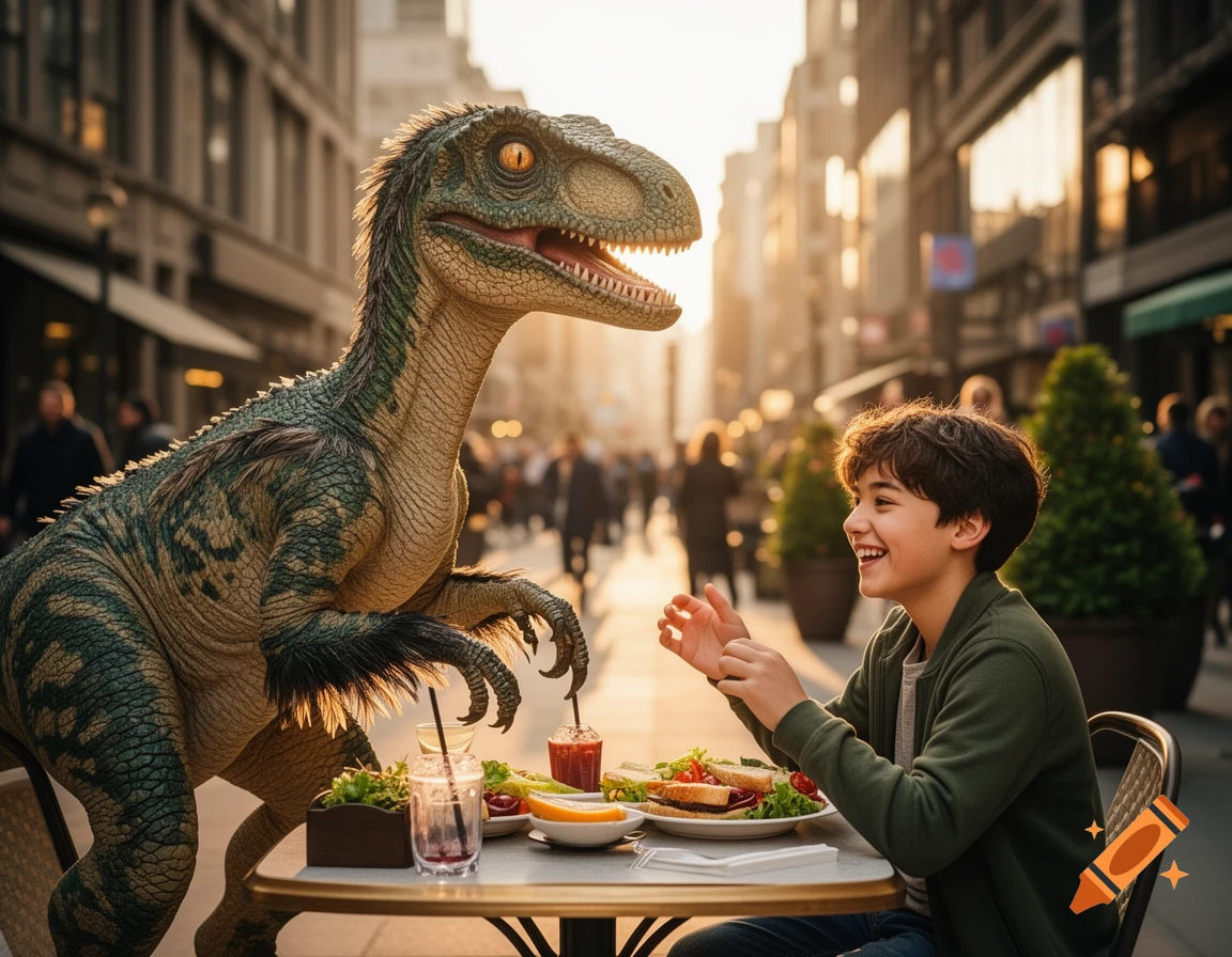 A boy laughs happily across a cafe table from a realistic raptor in an urban street scene at sunset.