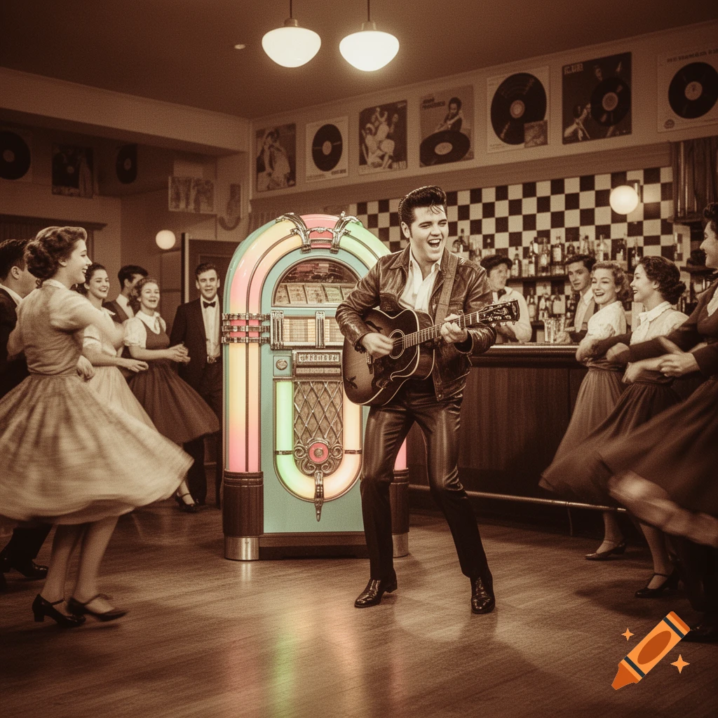 Elvis Presley sings and plays guitar in a 1950s diner with a jukebox while people dance.