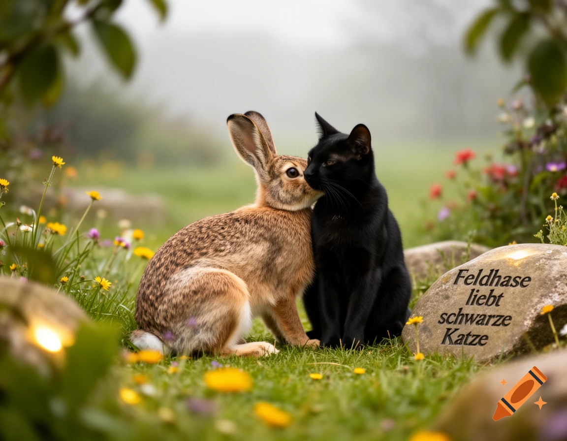 Photorealistic image of a brown hare and a black cat nose-to-nose in a grassy field with flowers, a rock inscribed 'Feldhase liebt schwarze Katze'.