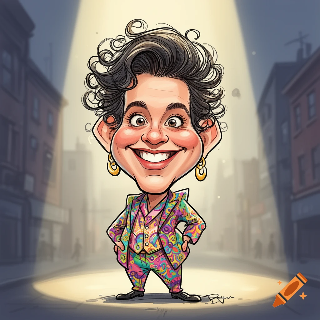 A cheerful caricature of a person with big curly hair and a large head, wearing a vibrant, psychedelic patterned suit, standing under a spotlight on a city street.